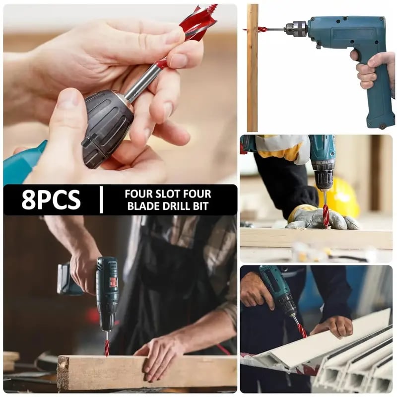 8-Piece High-Carbon Steel Wood Drill Bit Set | 4-Flute Hex Shank, 10–25mm for Wood & Plastic