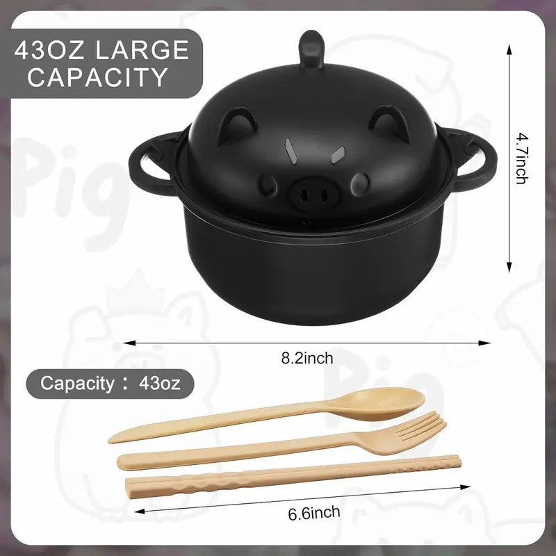 43oz (1300ml) Ergonomic Wheat Straw Microwavable Pig Ramen Cooker Bowl