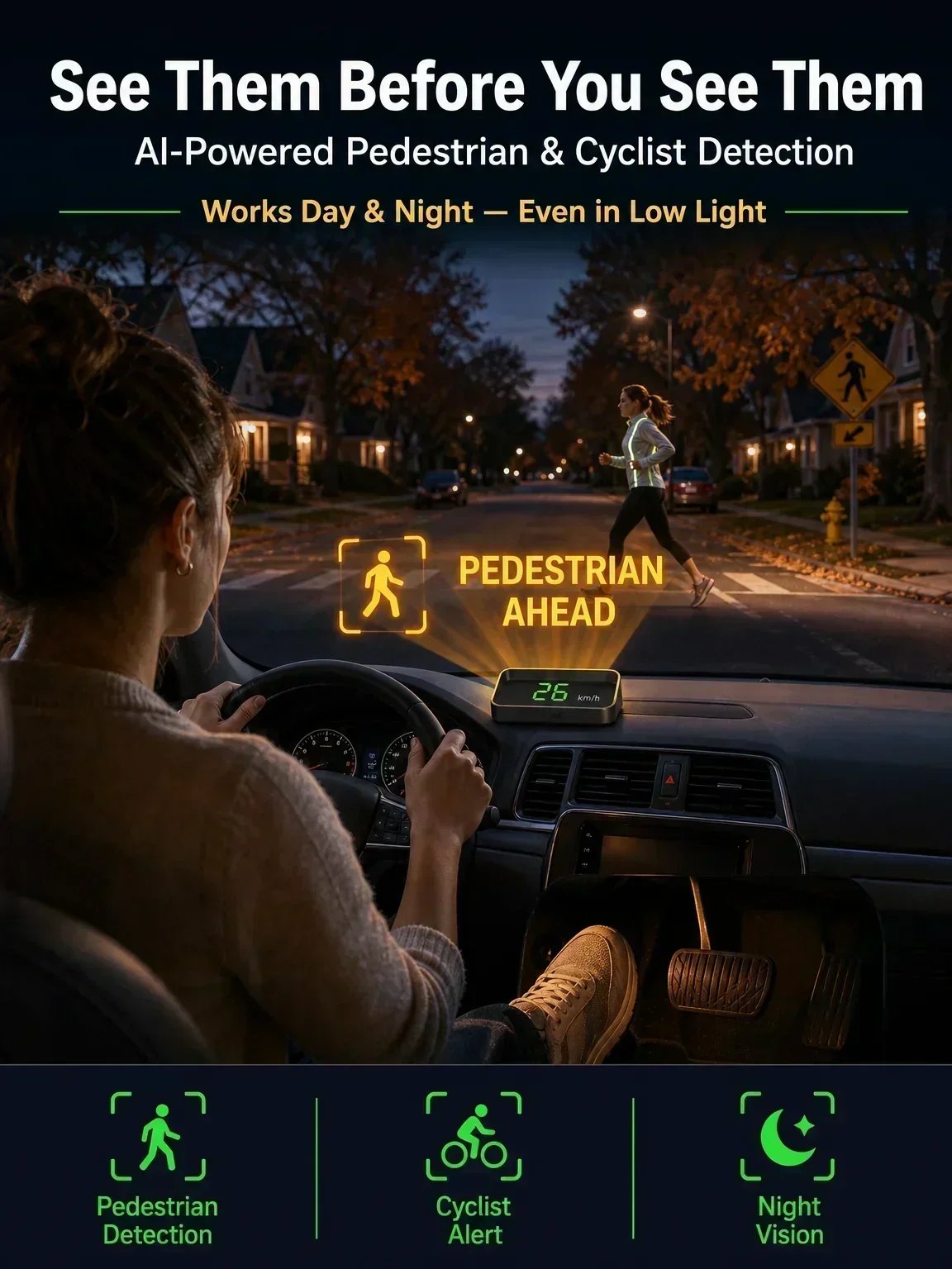 🚗Head-Up Display Car GPS Digital Speedometer – Traffic Light Countdown & Red Light Camera Alert HUD, Universal Driver Safety Warning Device to Avoid Tickets for City Driving