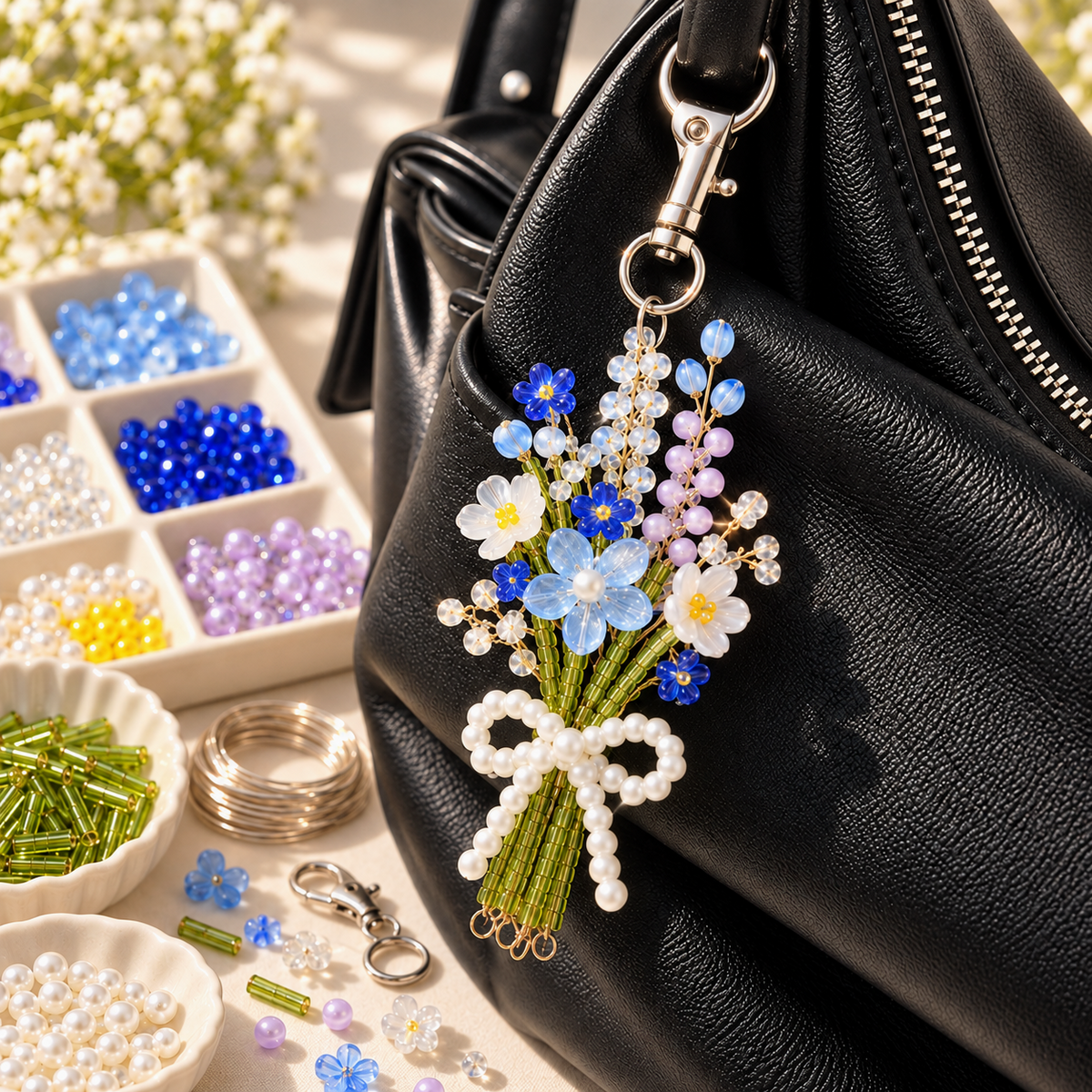 ⏳ Last Day 49% OFF –DIY Beaded Flower Bouquet Bag Charm Kit – Handmade Floral Keychain with Pearl Bow