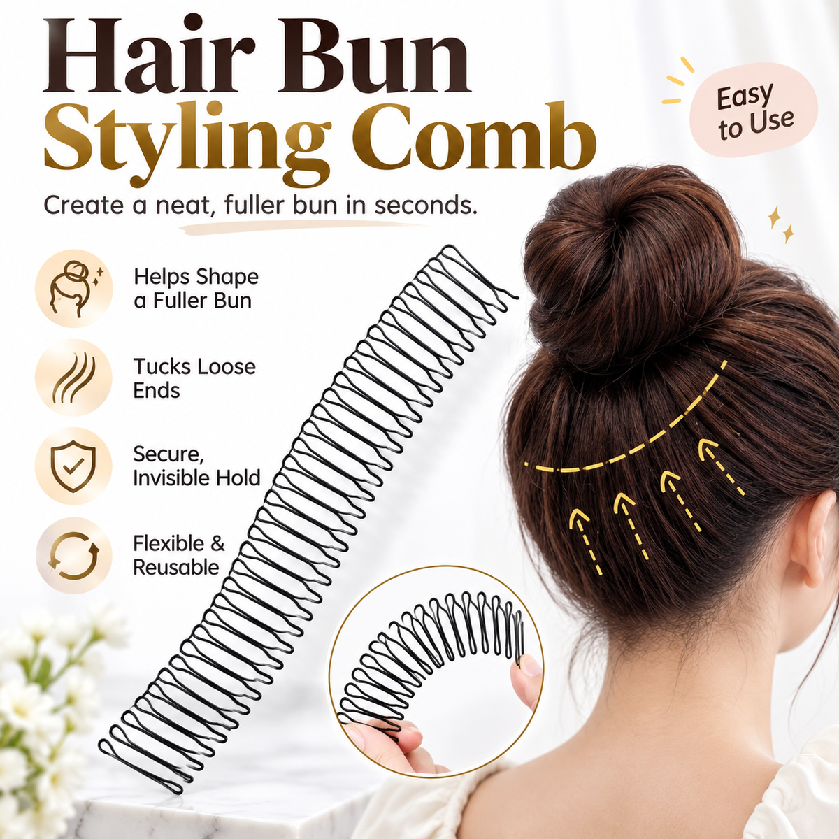 ✨ Flexible Hair Bun Styling Comb – Tuck Flyaways, Shape & Secure a Fuller Bun in Seconds
