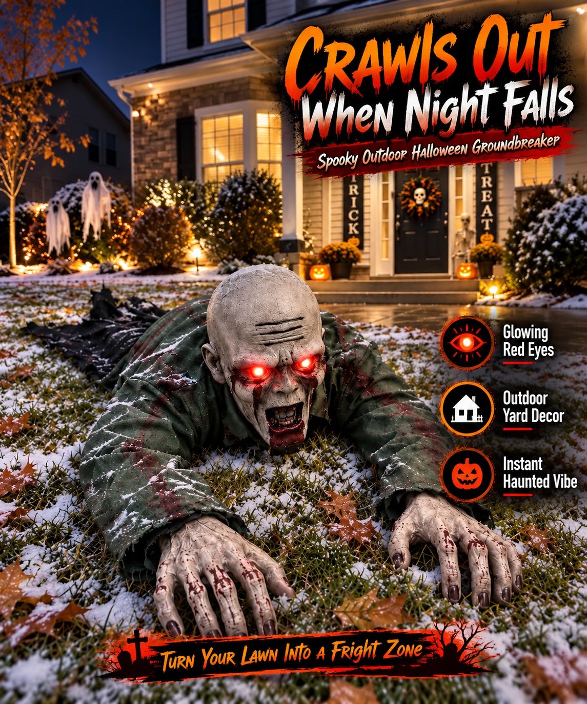 🔥 Crawling Zombie™ Halloween Porch Prop – Glowing Red Eyes & Realistic Horror Decor