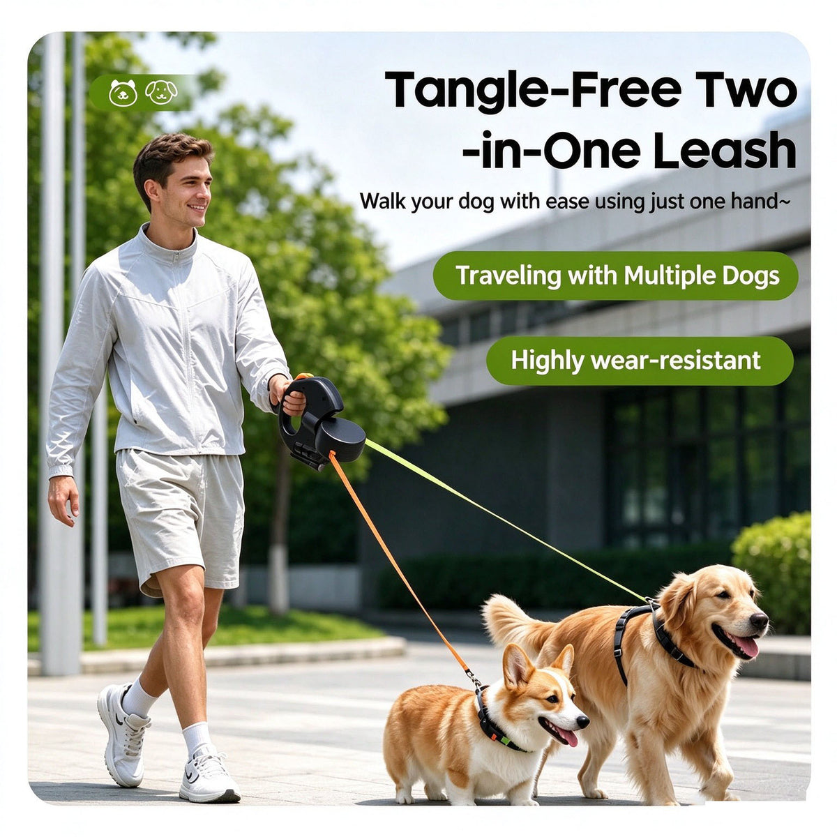 Retractable Dog Leash 2-in-1 — Hands-Free Control with One-Touch Braking & Built-in LED Light