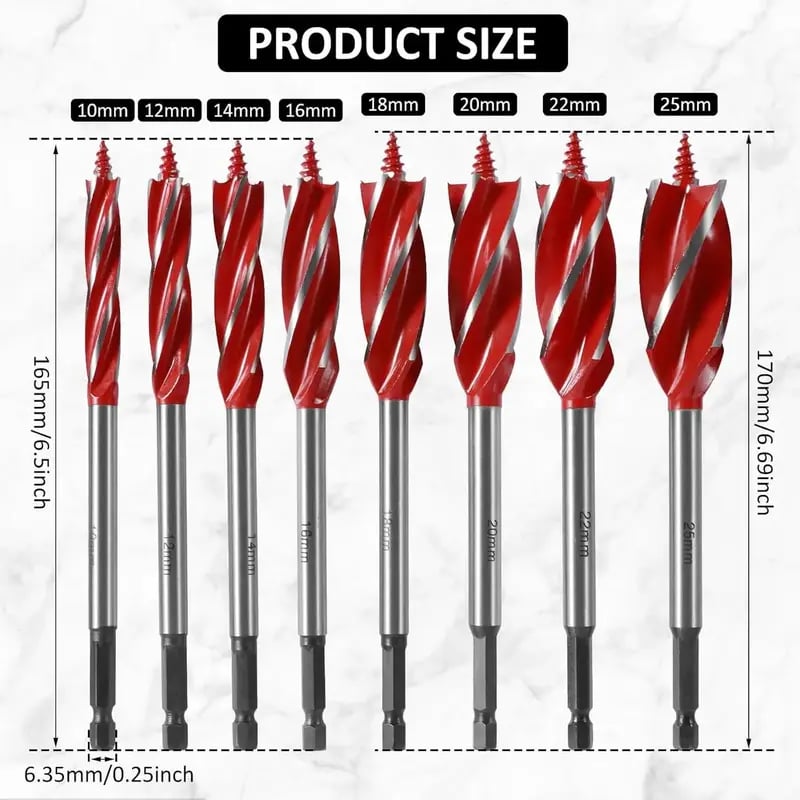 8-Piece High-Carbon Steel Wood Drill Bit Set | 4-Flute Hex Shank, 10–25mm for Wood & Plastic