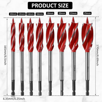8-Piece High-Carbon Steel Wood Drill Bit Set | 4-Flute Hex Shank, 10–25mm for Wood & Plastic
