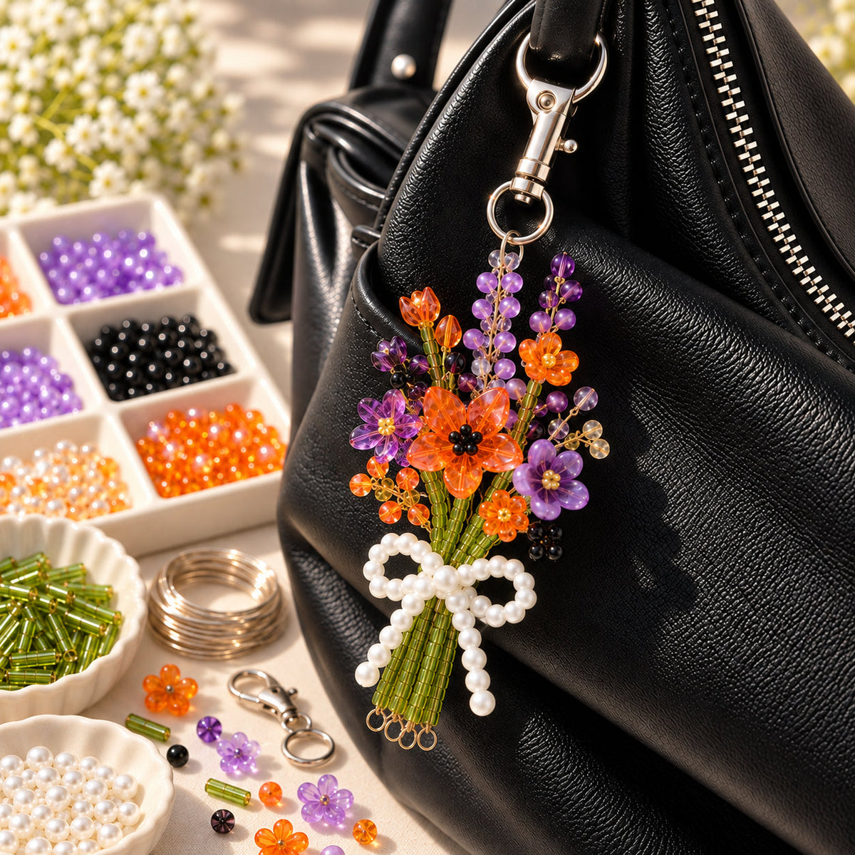 ⏳ Last Day 49% OFF –DIY Beaded Flower Bouquet Bag Charm Kit – Handmade Floral Keychain with Pearl Bow