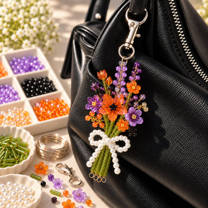 ⏳ Last Day 49% OFF –DIY Beaded Flower Bouquet Bag Charm Kit – Handmade Floral Keychain with Pearl Bow