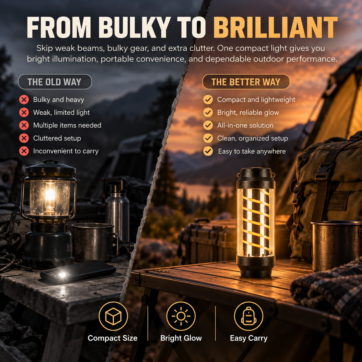 4-in-1 Camping Lantern & LED Flashlight – 4 Light Modes, IPX4 Waterproof, USB Rechargeable, Pocket-Size Spiral Design