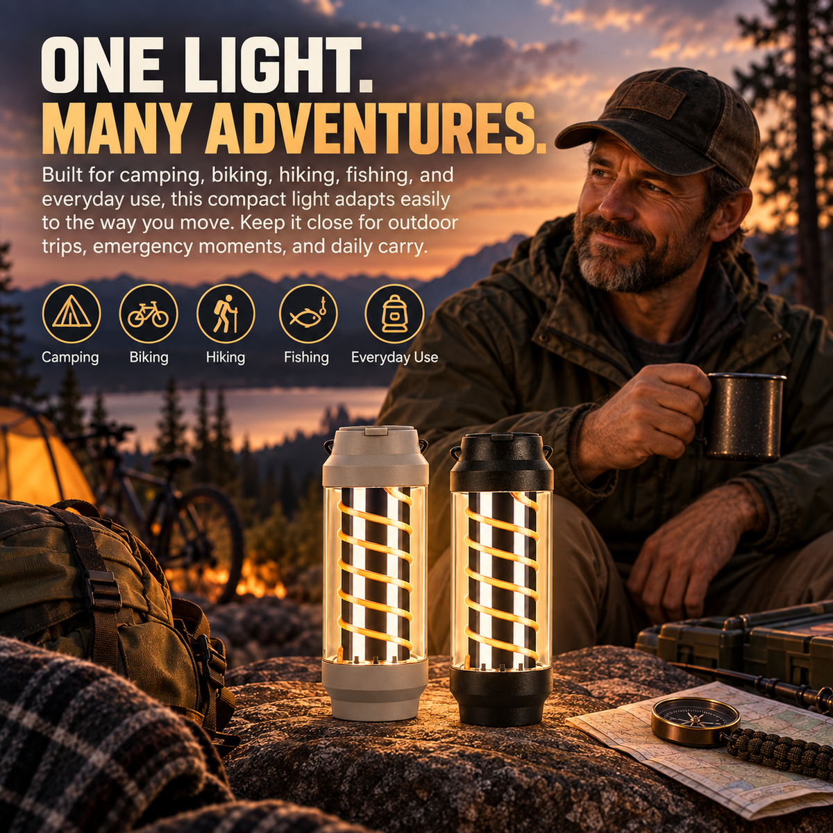 4-in-1 Camping Lantern & LED Flashlight – 4 Light Modes, IPX4 Waterproof, USB Rechargeable, Pocket-Size Spiral Design