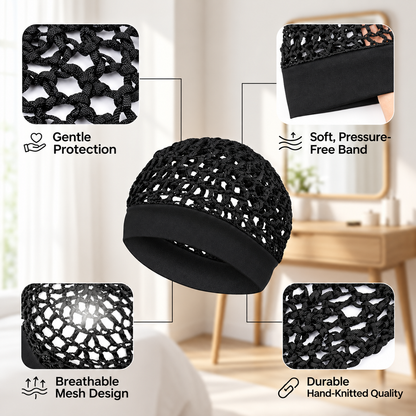 🔥Limited-Time 49% OFF🧶 Wide-Band Crochet Hair Net | 💨 Breathable Stretch Sleep & Beauty Hair Cap