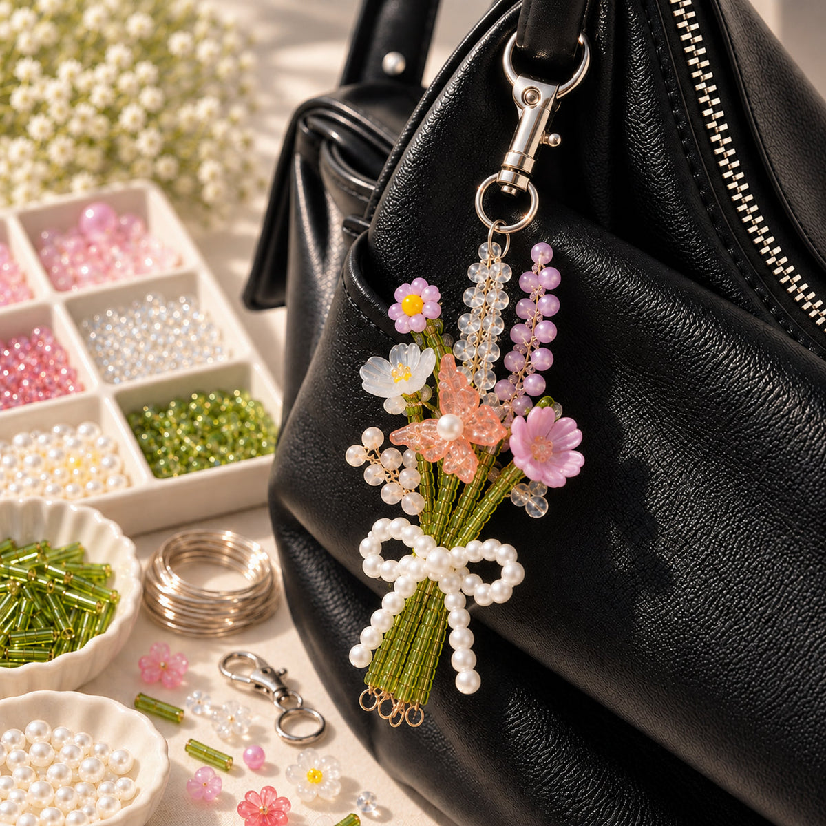 ⏳ Last Day 49% OFF –DIY Beaded Flower Bouquet Bag Charm Kit – Handmade Floral Keychain with Pearl Bow