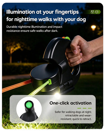 Retractable Dog Leash 2-in-1 — Hands-Free Control with One-Touch Braking & Built-in LED Light