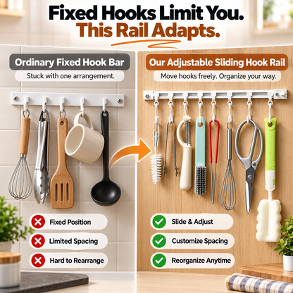 ✨ Adjustable Sliding Hook Rail Organizer – Space-Saving Multi-Use Storage for Kitchen, Bathroom & Home