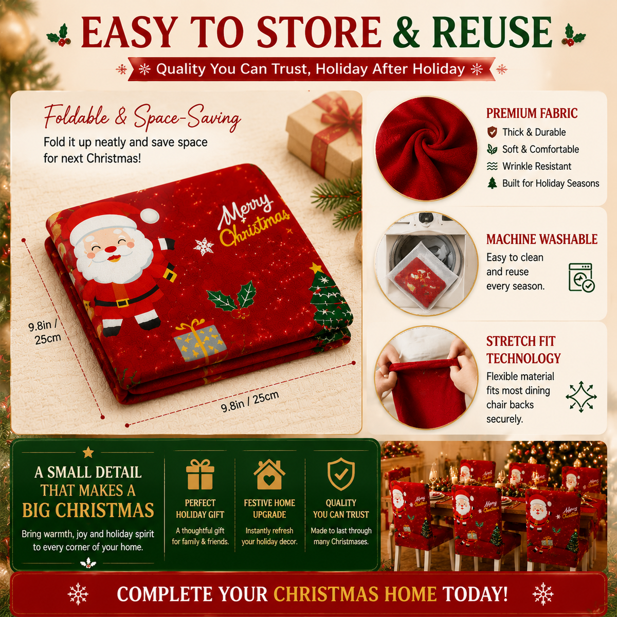 🎅 Christmas Chair Cover – Festive Santa Dining Chair Slipcover, Holiday Home Decor for Instant Christmas Makeover