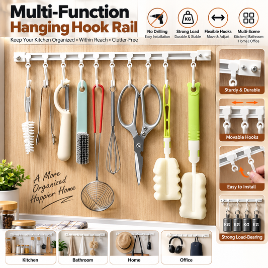 ✨ Adjustable Sliding Hook Rail Organizer – Space-Saving Multi-Use Storage for Kitchen, Bathroom & Home