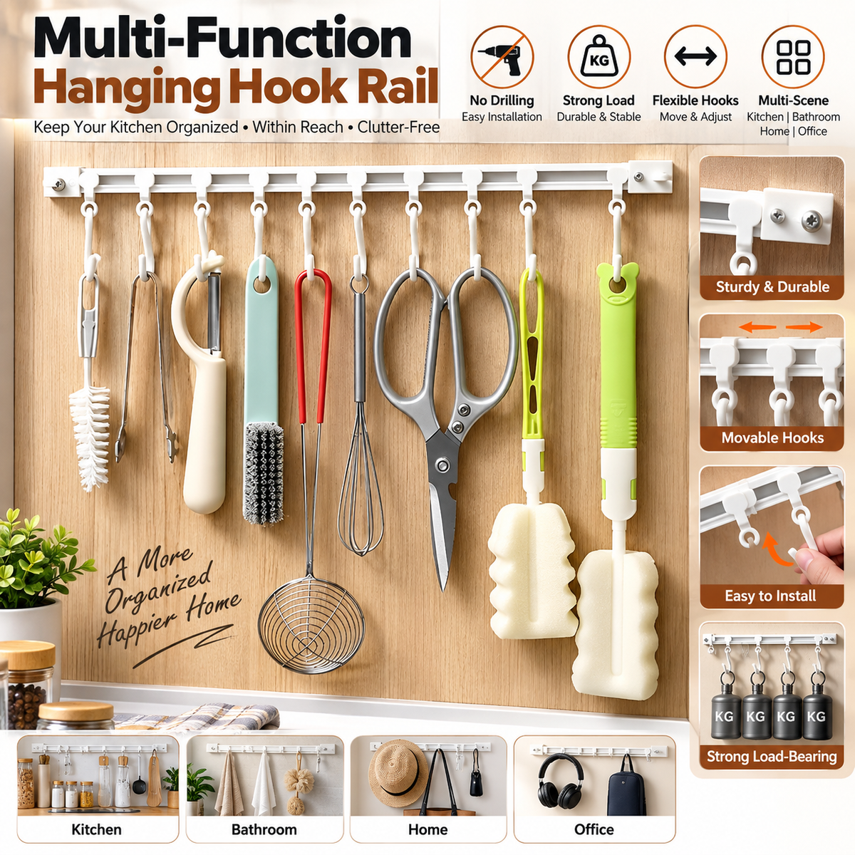 ✨ Adjustable Sliding Hook Rail Organizer – Space-Saving Multi-Use Storage for Kitchen, Bathroom & Home