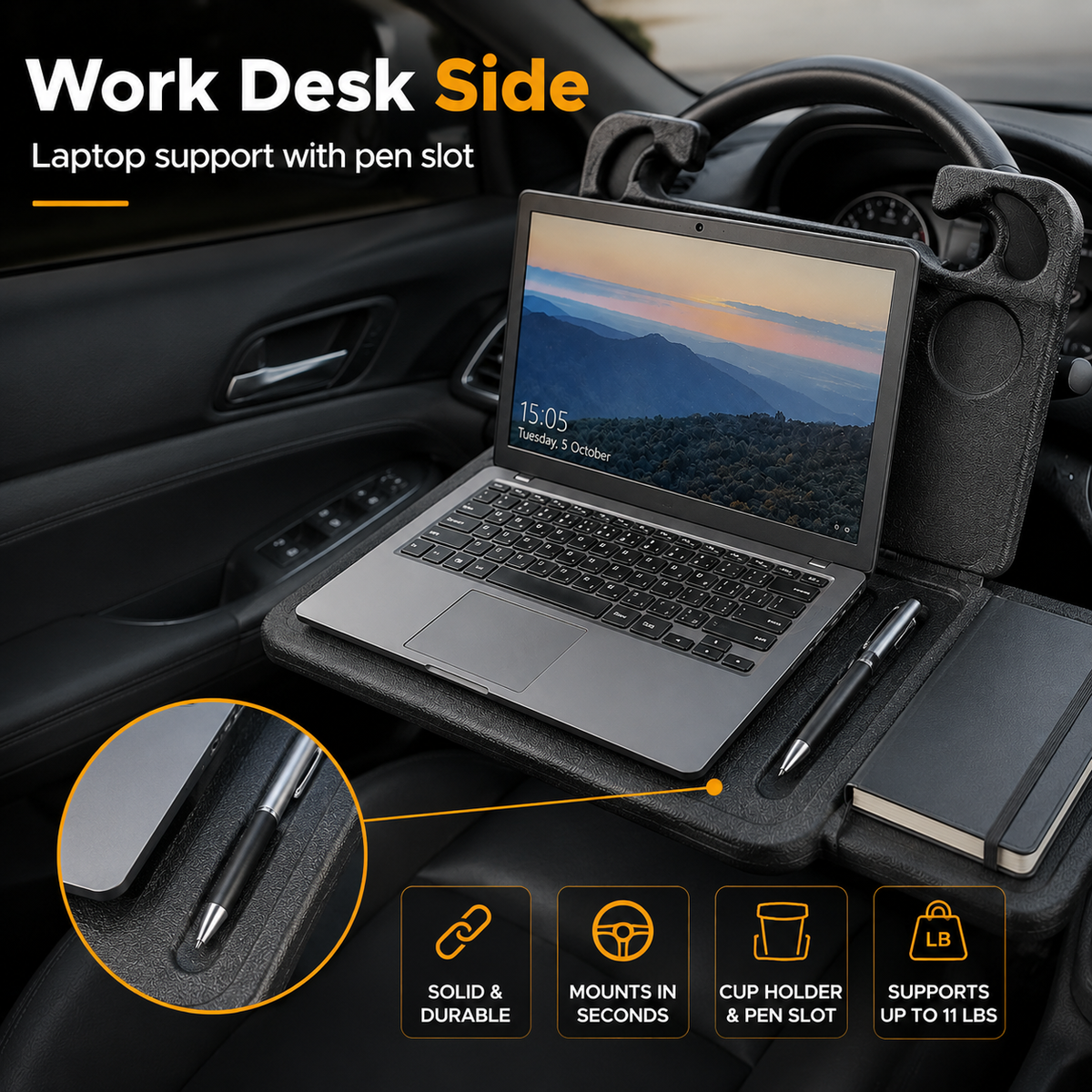 2-in-1 Car Steering Wheel Desk - Black ABS Plastic Food & Laptop Tray