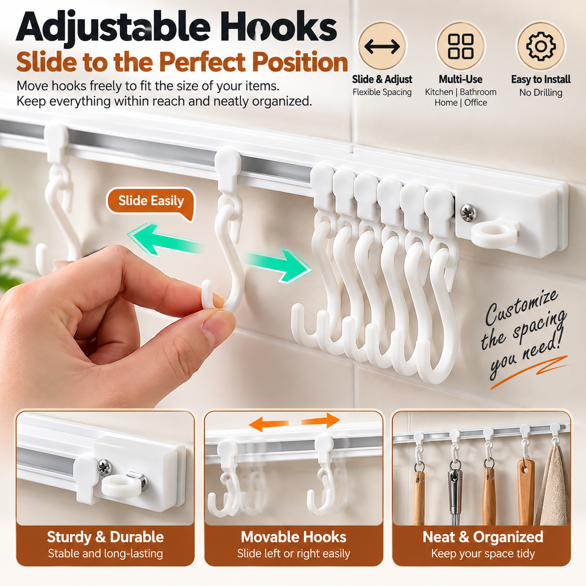✨ Adjustable Sliding Hook Rail Organizer – Space-Saving Multi-Use Storage for Kitchen, Bathroom & Home
