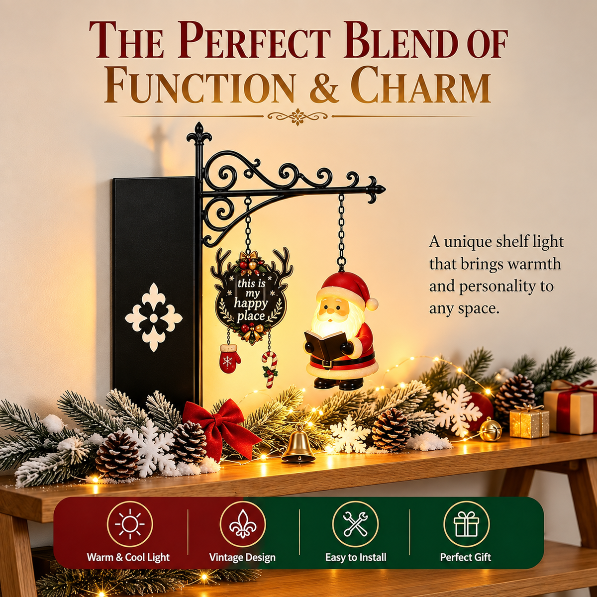 📚 Hanging‑Style Xmas Shelf Lamp, Santa / Reindeer / Snowman For Cozy Reading Nook Holiday Styling