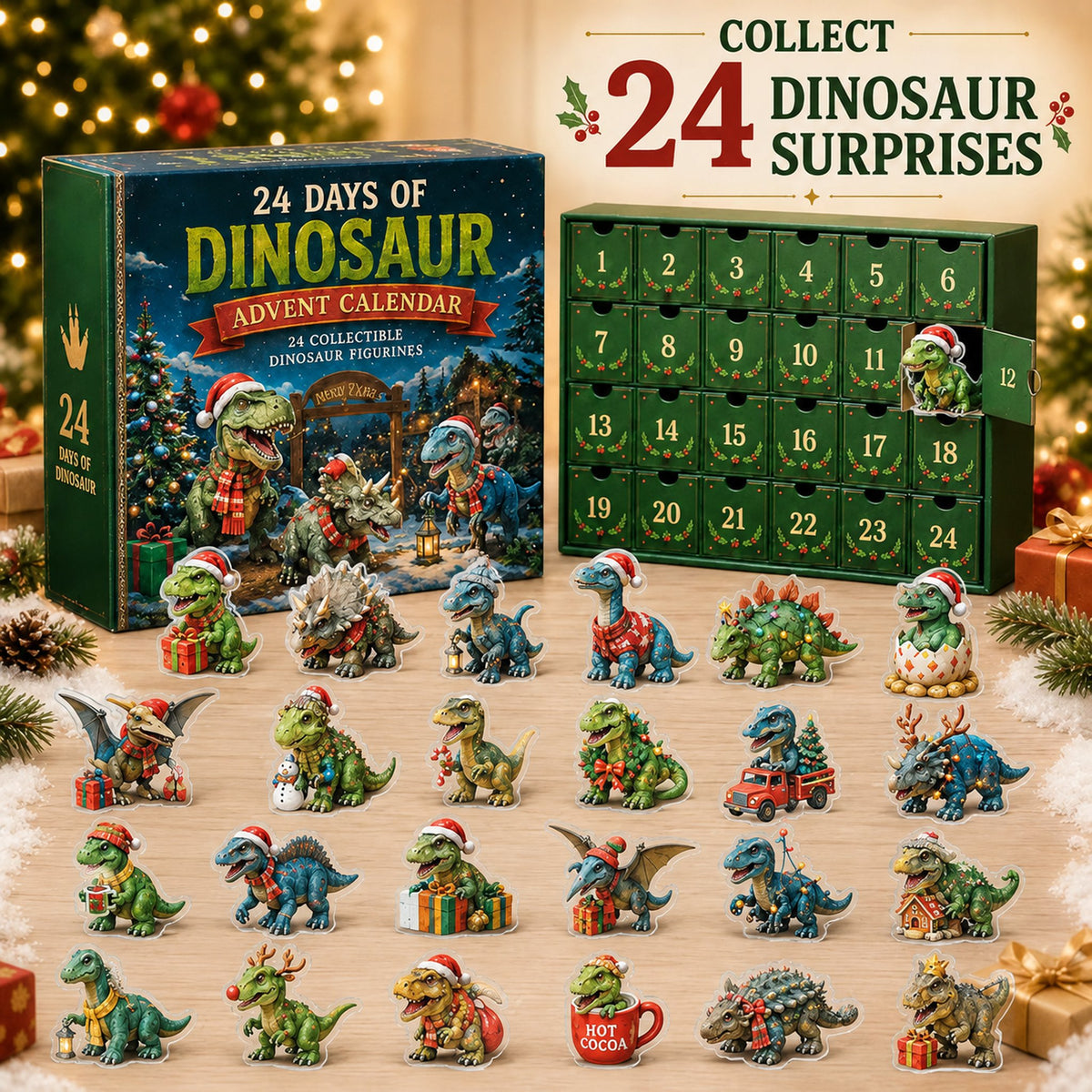 24 Days of Dinosaur Christmas Advent Calendar – 24 Collectible Dino Figurines & Holiday Surprises