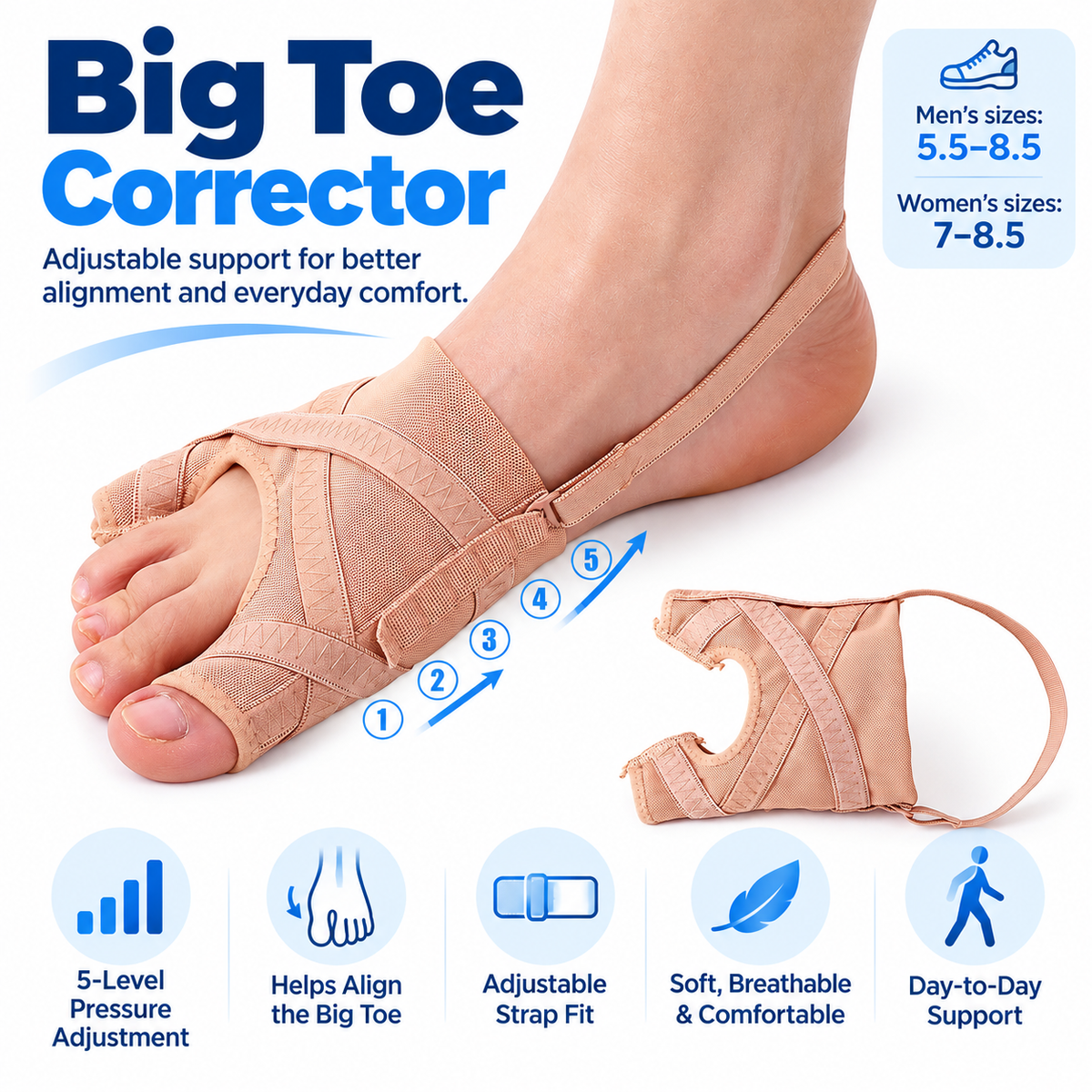 🦶 5-Level Adjustable Big Toe Corrector – Toe-to-Heel Alignment Support for Everyday Comfort