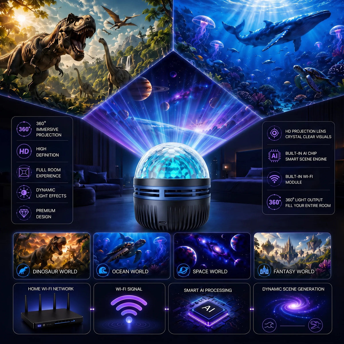 🎉🦖🎁360° Smart Holographic Starry Sky Projector