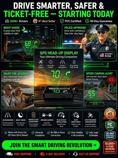 🚗Head-Up Display Car GPS Digital Speedometer – Traffic Light Countdown & Red Light Camera Alert HUD, Universal Driver Safety Warning Device to Avoid Tickets for City Driving