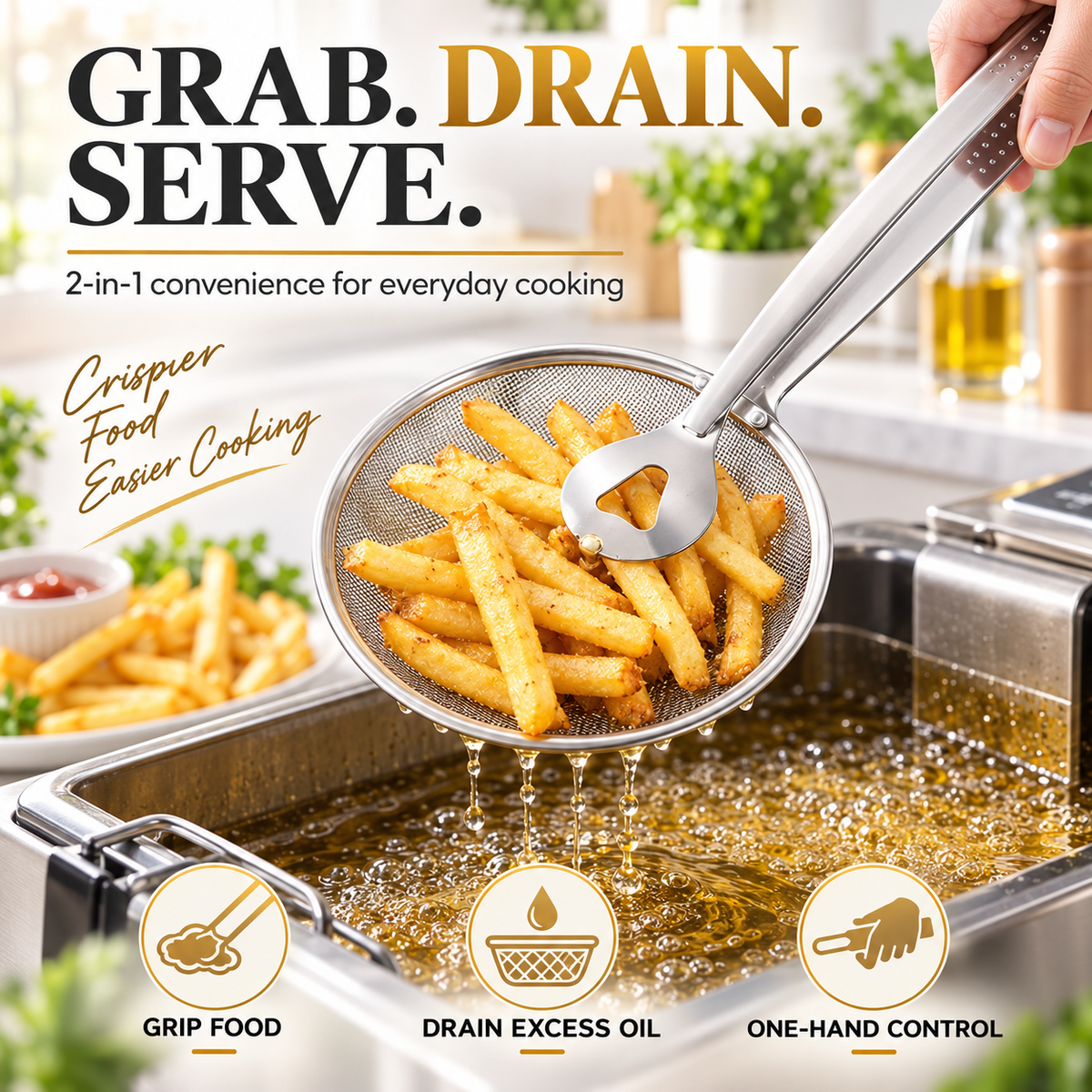 🔥Last Day 50% OFF💥🎉2-in-1 Spider Strainer Tongs – Stainless Steel Frying & Draining Tool