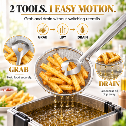 🔥Last Day 50% OFF💥🎉2-in-1 Spider Strainer Tongs – Stainless Steel Frying & Draining Tool