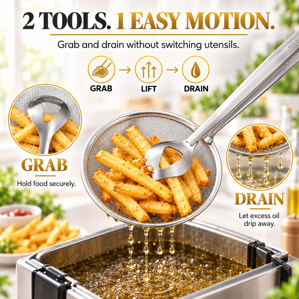 🔥 50% OFF Today 2-in-1 Spider Strainer Tongs for Frying & Draining