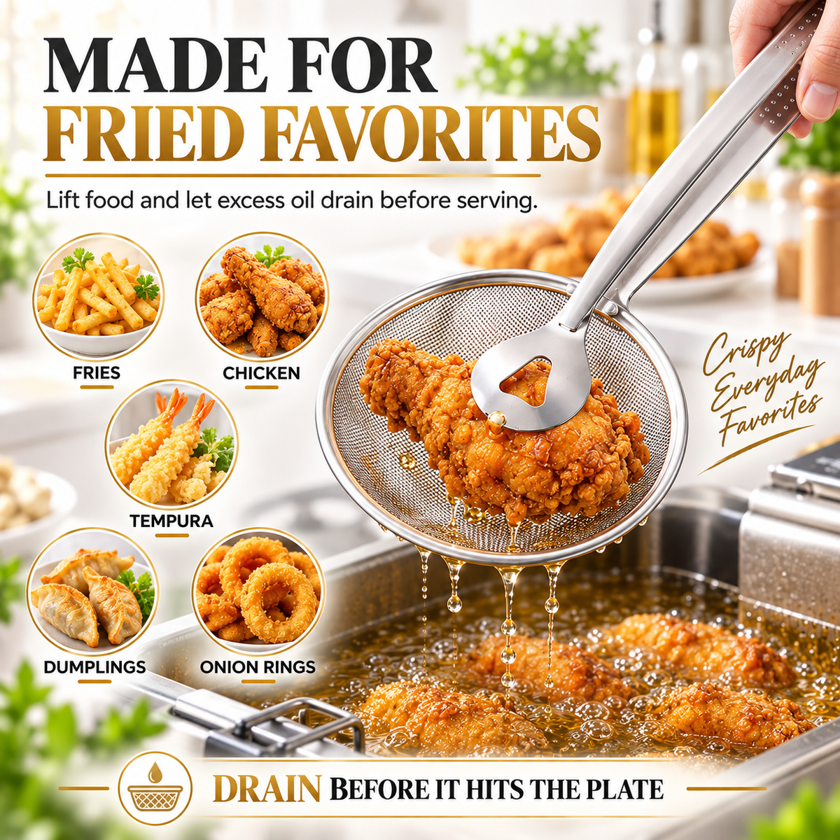 🔥Last Day 50% OFF💥🎉2-in-1 Spider Strainer Tongs – Stainless Steel Frying & Draining Tool