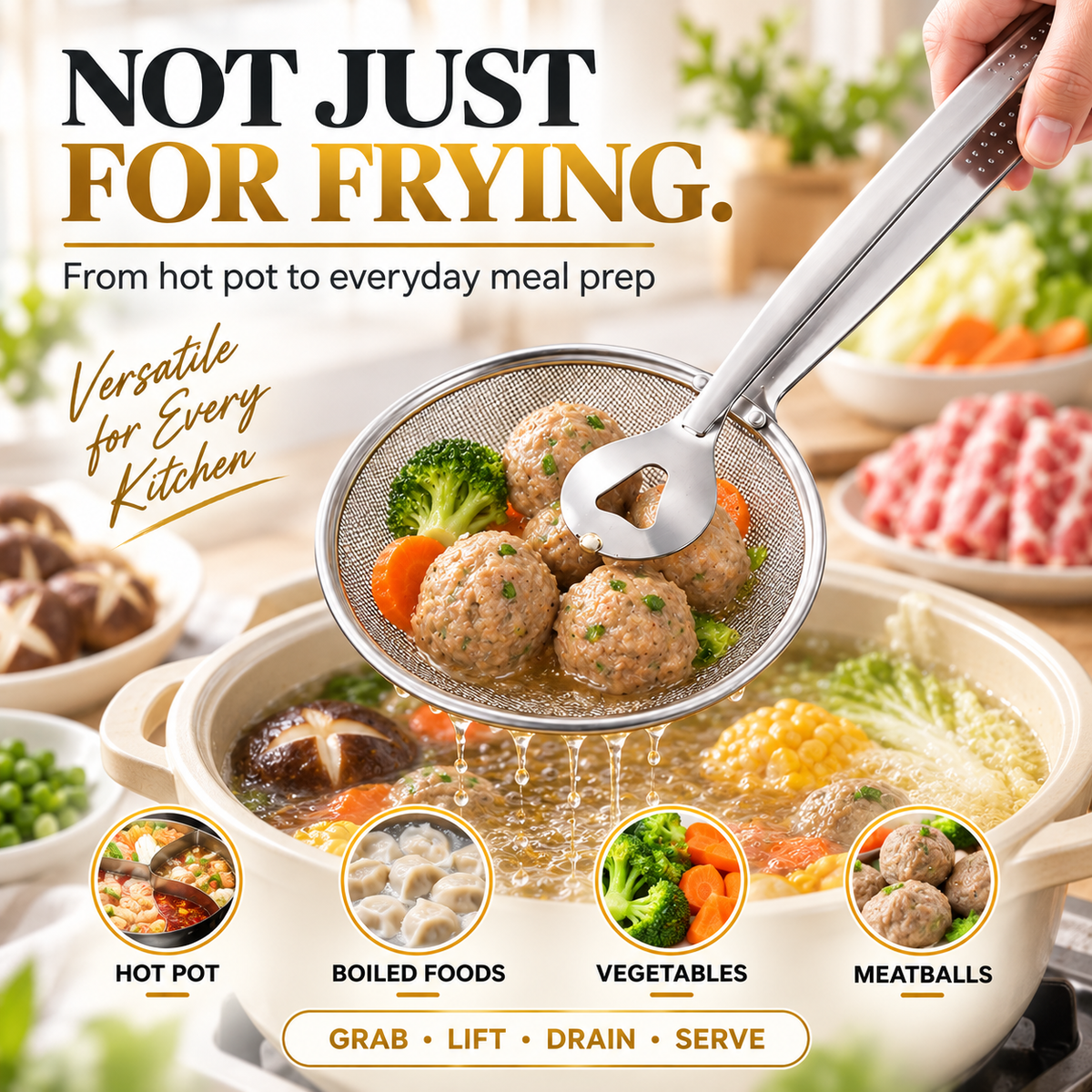 🔥Last Day 50% OFF💥🎉2-in-1 Spider Strainer Tongs – Stainless Steel Frying & Draining Tool