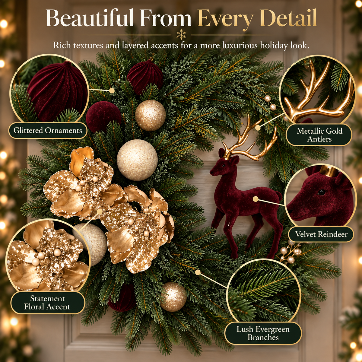 🎄 Luxury Burgundy Reindeer Christmas Wreath – Elegant Champagne Gold Front Door Holiday Decor 🦌✨