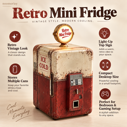 🥤 Vintage Gas Pump Mini Fridge – Retro Beverage Cooler with Illuminated Top Sign