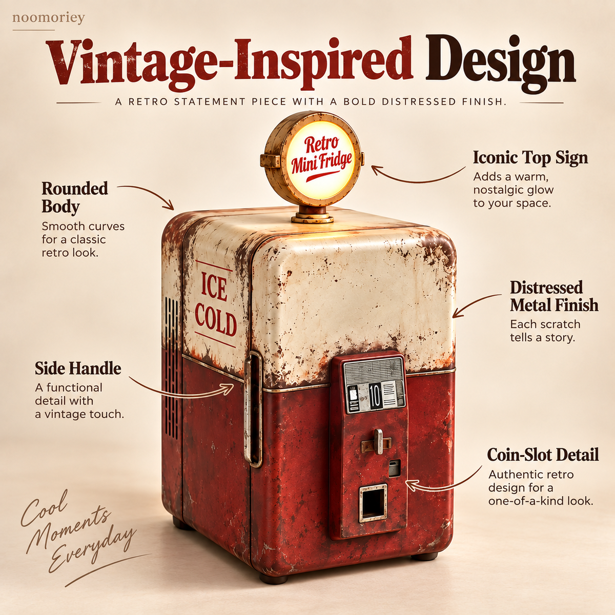 🥤 Vintage Gas Pump Mini Fridge – Retro Beverage Cooler with Illuminated Top Sign