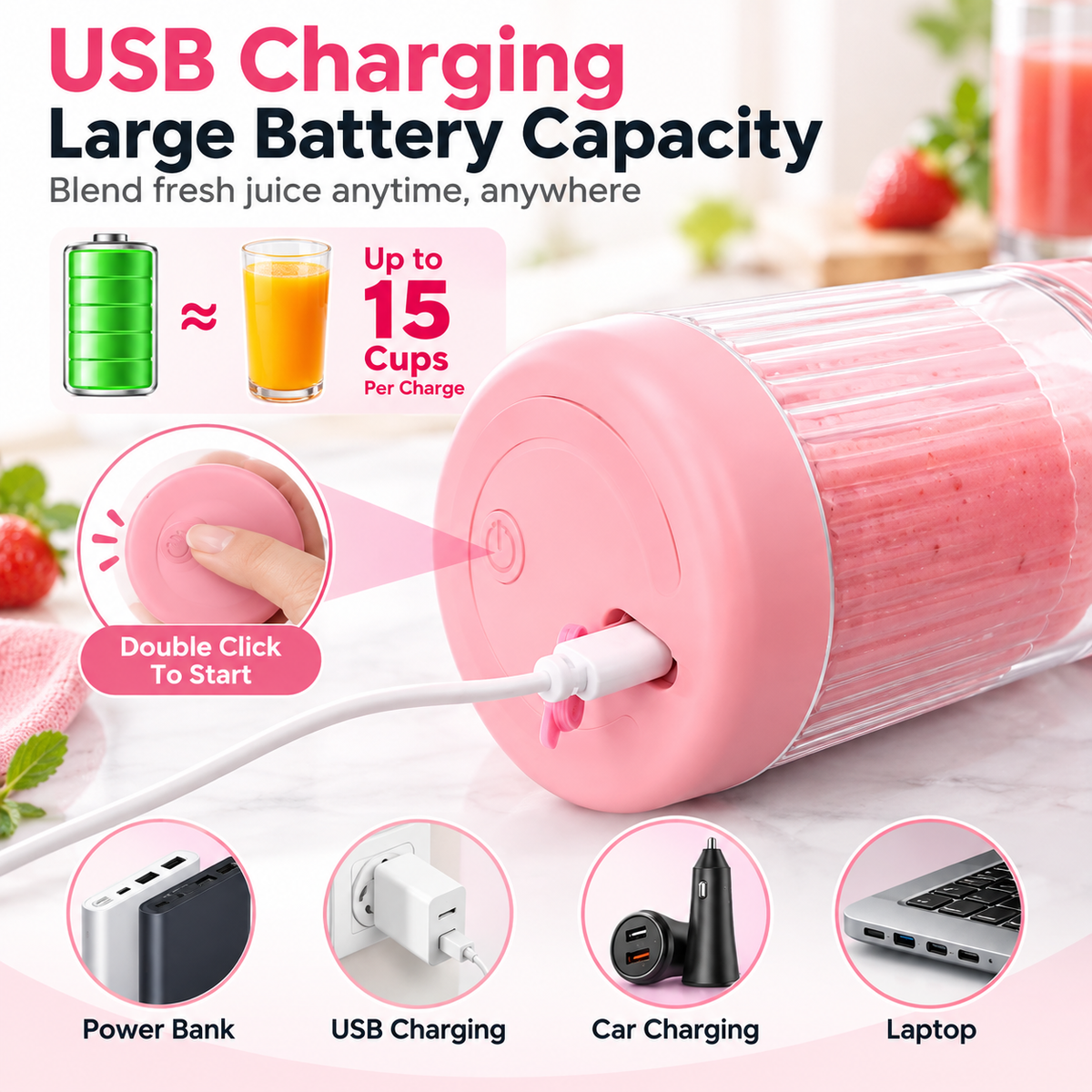⚡Portable Juicer Cup with Handle – USB Rechargeable Mini Blender for Shakes & Fresh Juice