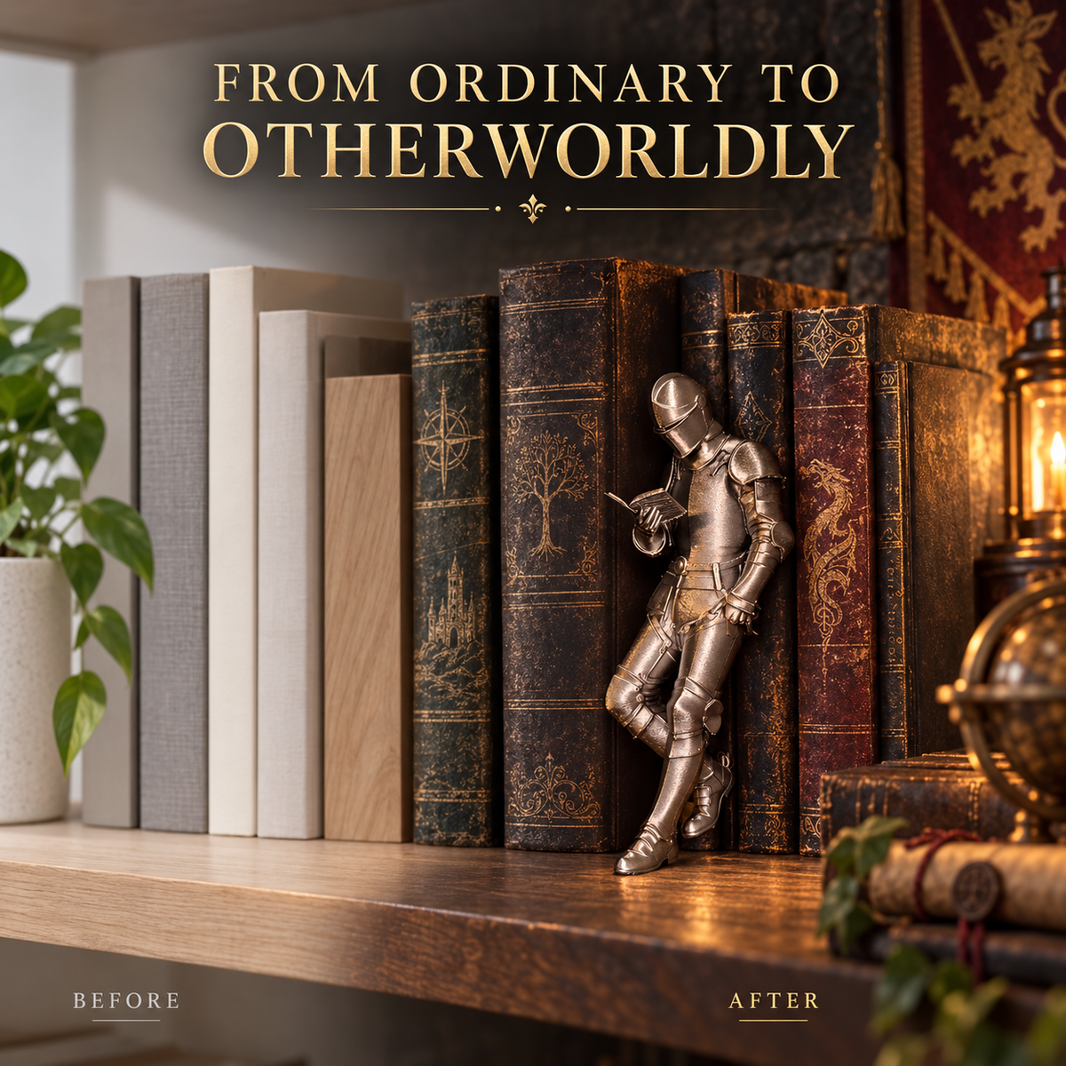⚔️ Medieval Reading Knight Statue – Dark Fantasy Bookshelf Guardian Decor