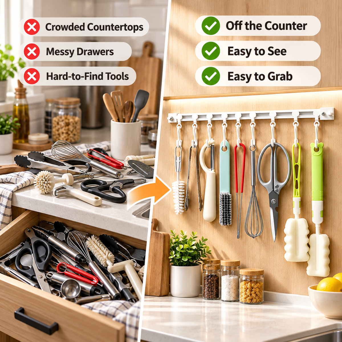 ✨ Adjustable Sliding Hook Rail Organizer – Space-Saving Multi-Use Storage for Kitchen, Bathroom & Home