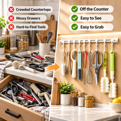 ✨ Adjustable Sliding Hook Rail Organizer – Space-Saving Multi-Use Storage for Kitchen, Bathroom & Home