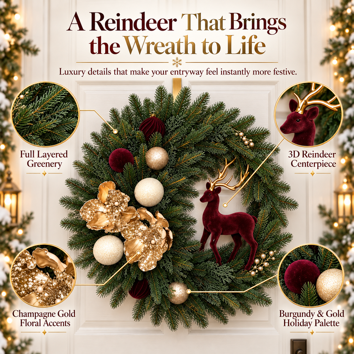 🎄 Luxury Burgundy Reindeer Christmas Wreath – Elegant Champagne Gold Front Door Holiday Decor 🦌✨
