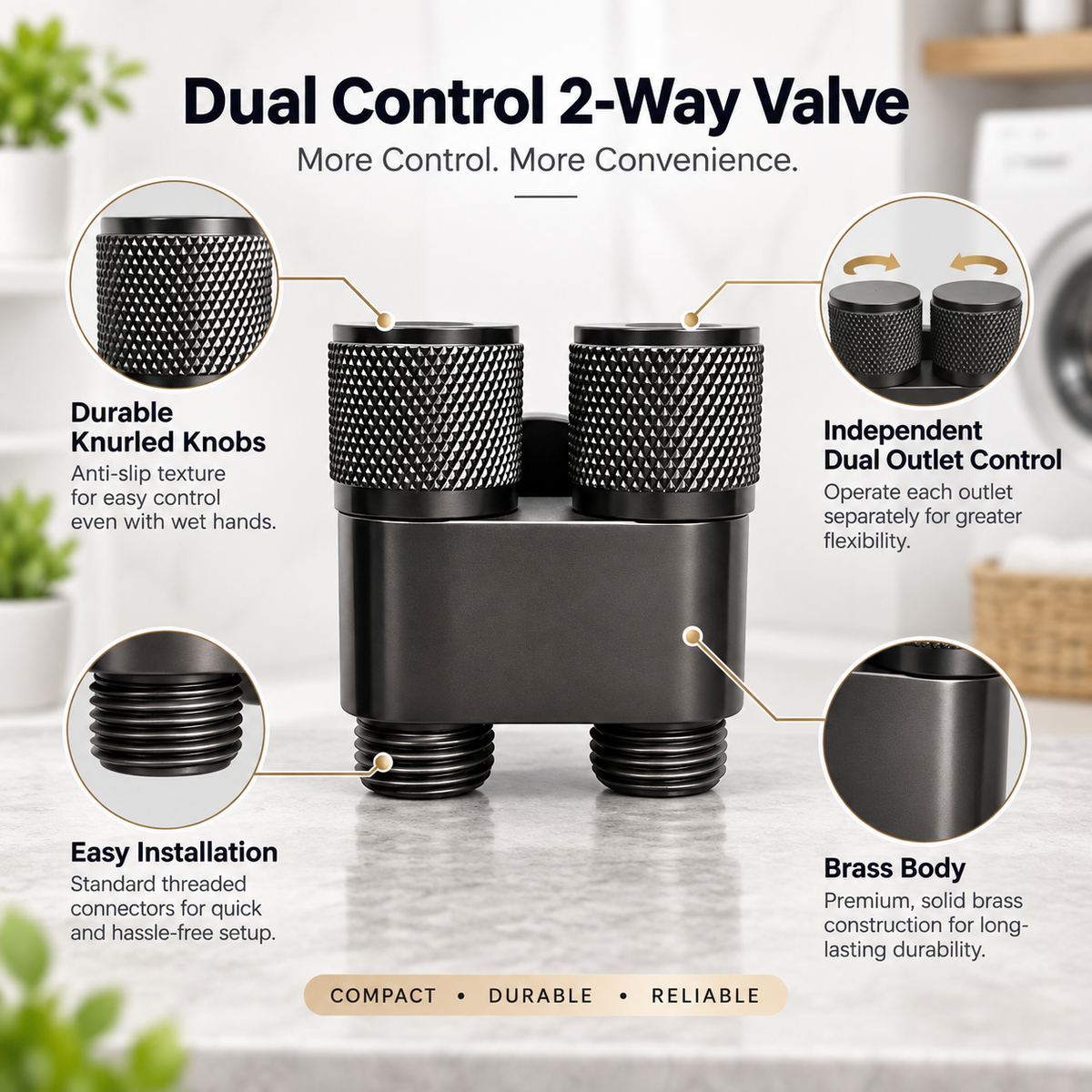 🚿 Mini 2-Way Dual Control Valve – 1 Inlet 2 Outlets, Independent Water Shut-Off