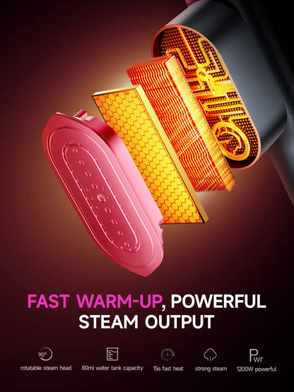 2-in-1 Handheld Steam Iron, 1200W Fast Heat-Up Garment Steamer with 7 Fabric Modes, Rotatable Tip Portable Wrinkle Remover for Home & Travel