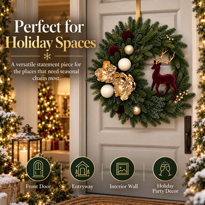 🎄 Luxury Burgundy Reindeer Christmas Wreath – Elegant Champagne Gold Front Door Holiday Decor 🦌✨