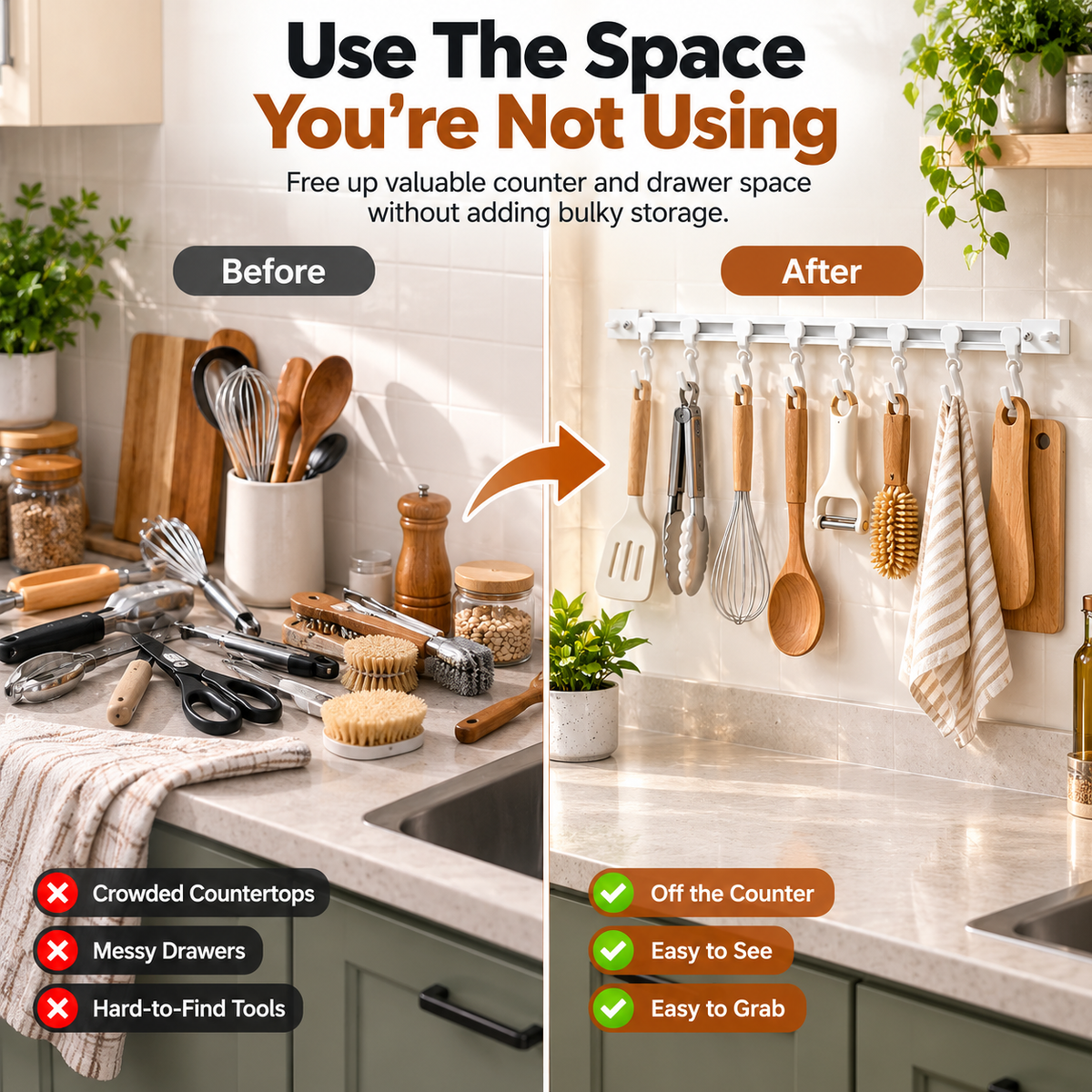 ✨ Adjustable Sliding Hook Rail Organizer – Space-Saving Multi-Use Storage for Kitchen, Bathroom & Home
