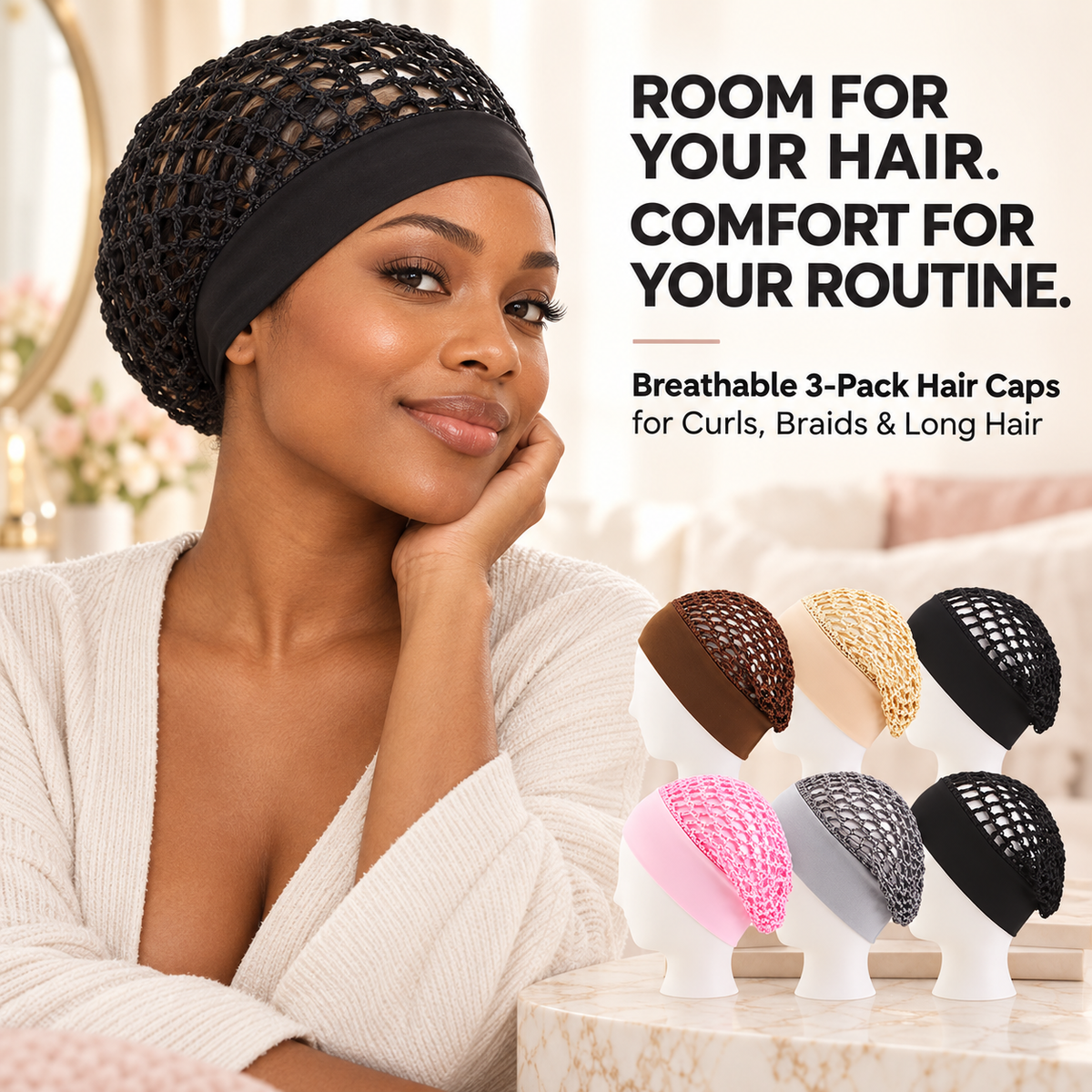 3-Pack Breathable Hair Protection Caps for Curls, Braids & Voluminous Hair – Lightweight Satin-Band Mesh Bonnet for Sleeping, Travel & Everyday Use