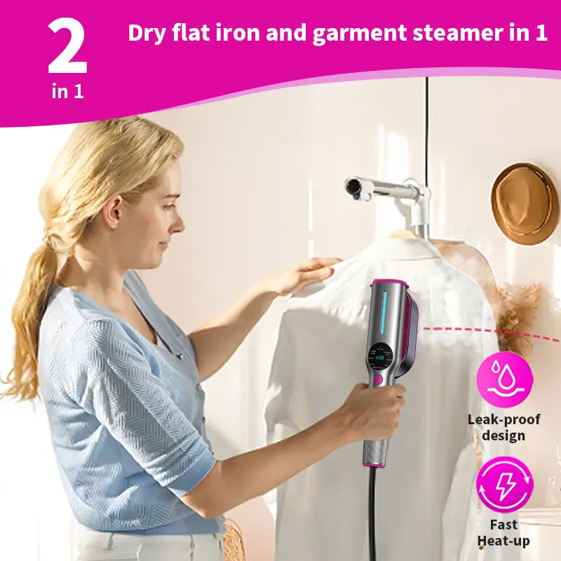 2-in-1 Handheld Steam Iron, 1200W Fast Heat-Up Garment Steamer with 7 Fabric Modes, Rotatable Tip Portable Wrinkle Remover for Home & Travel