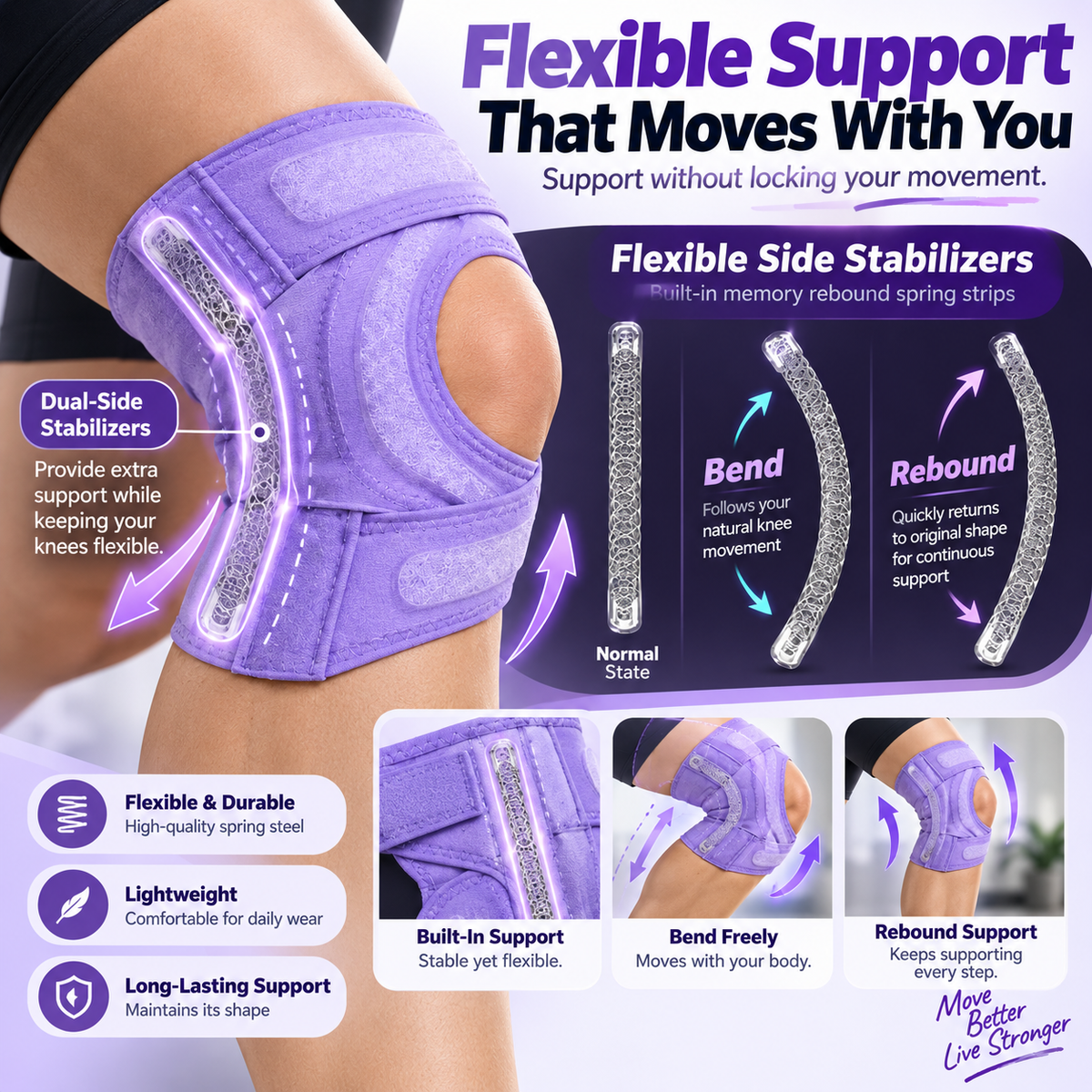 💜 Adjustable Open-Patella Knee Support Brace – Flexible Stabilizers & Custom Compression