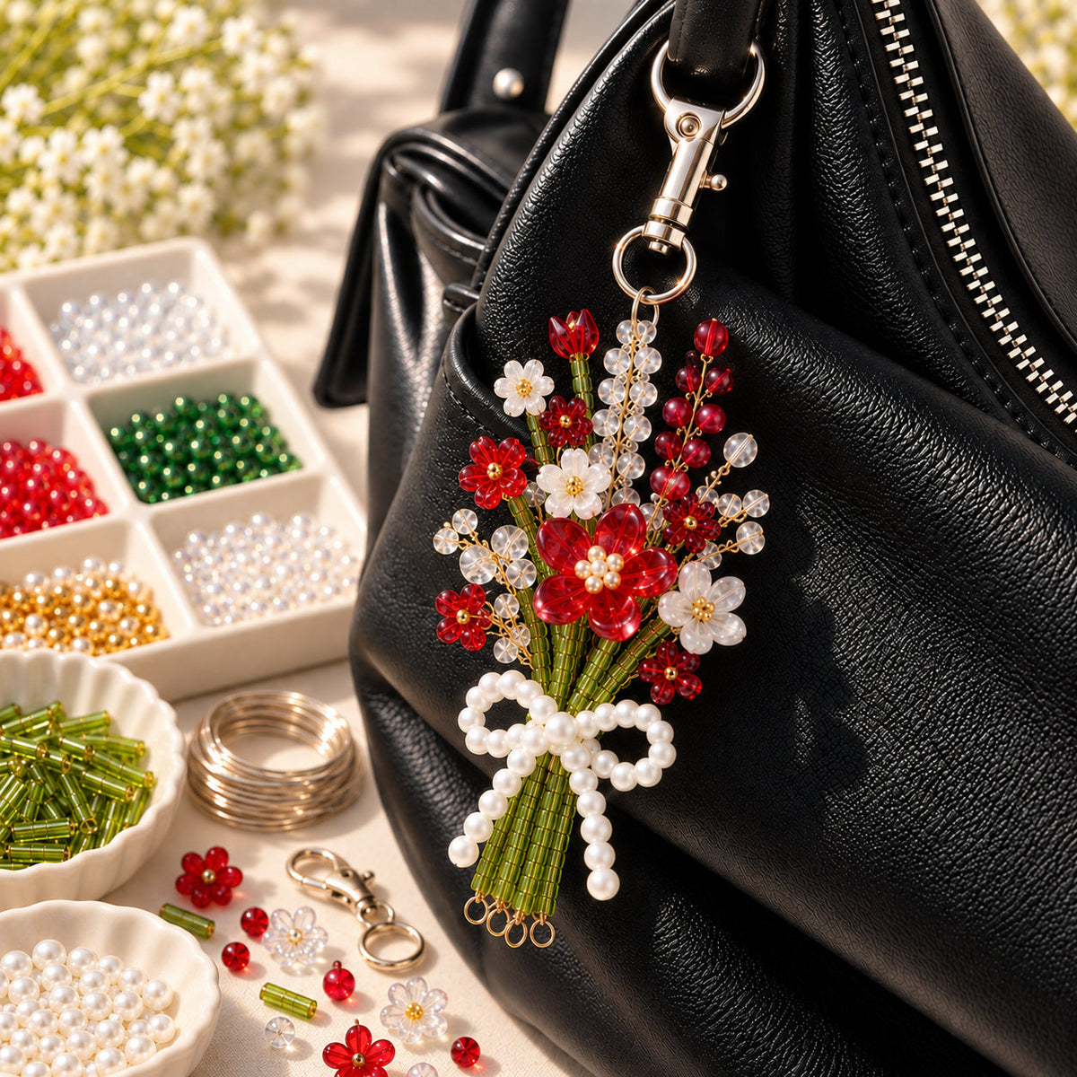 ⏳ Last Day 49% OFF –DIY Beaded Flower Bouquet Bag Charm Kit – Handmade Floral Keychain with Pearl Bow