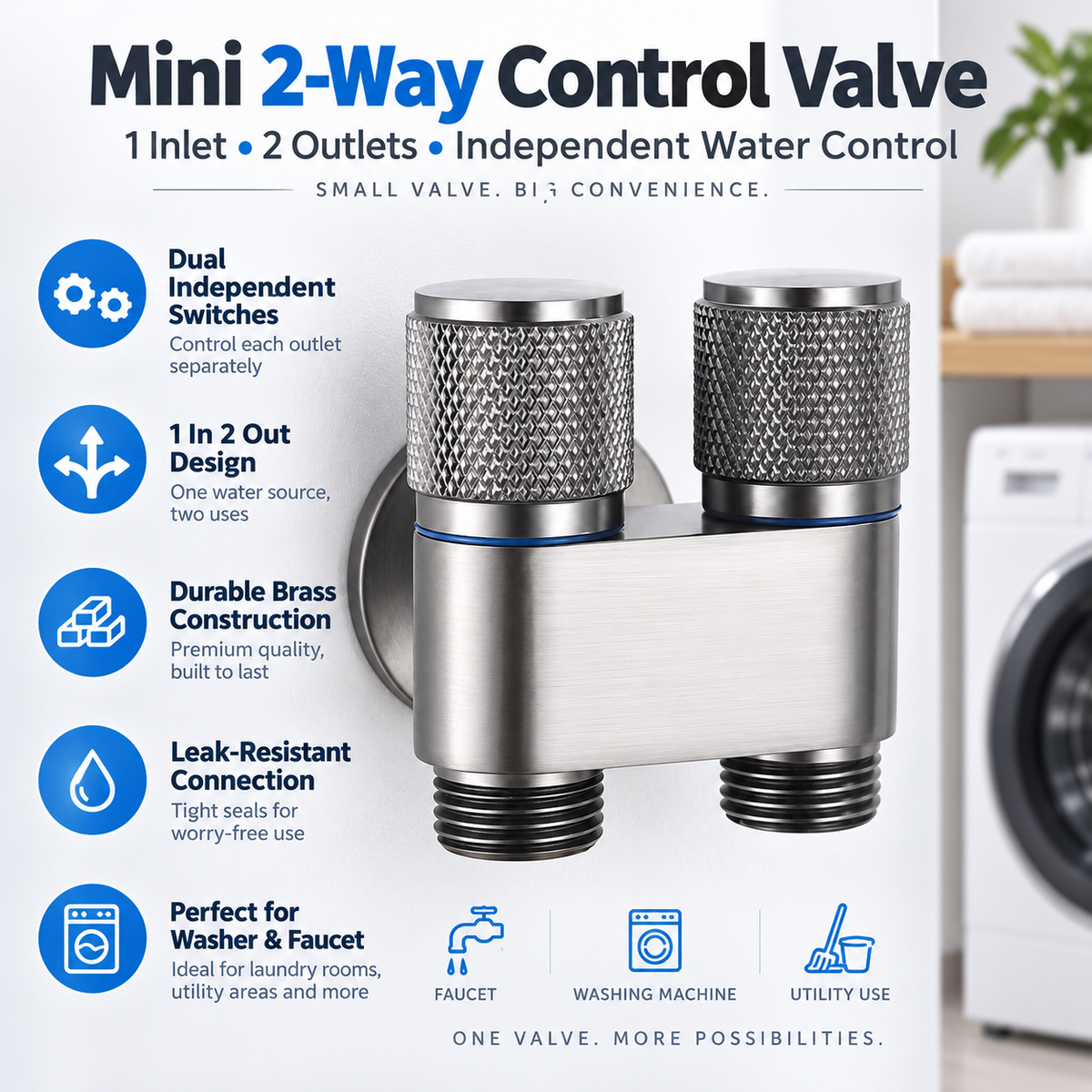 🚿 Mini 2-Way Dual Control Valve – 1 Inlet 2 Outlets, Independent Water Shut-Off