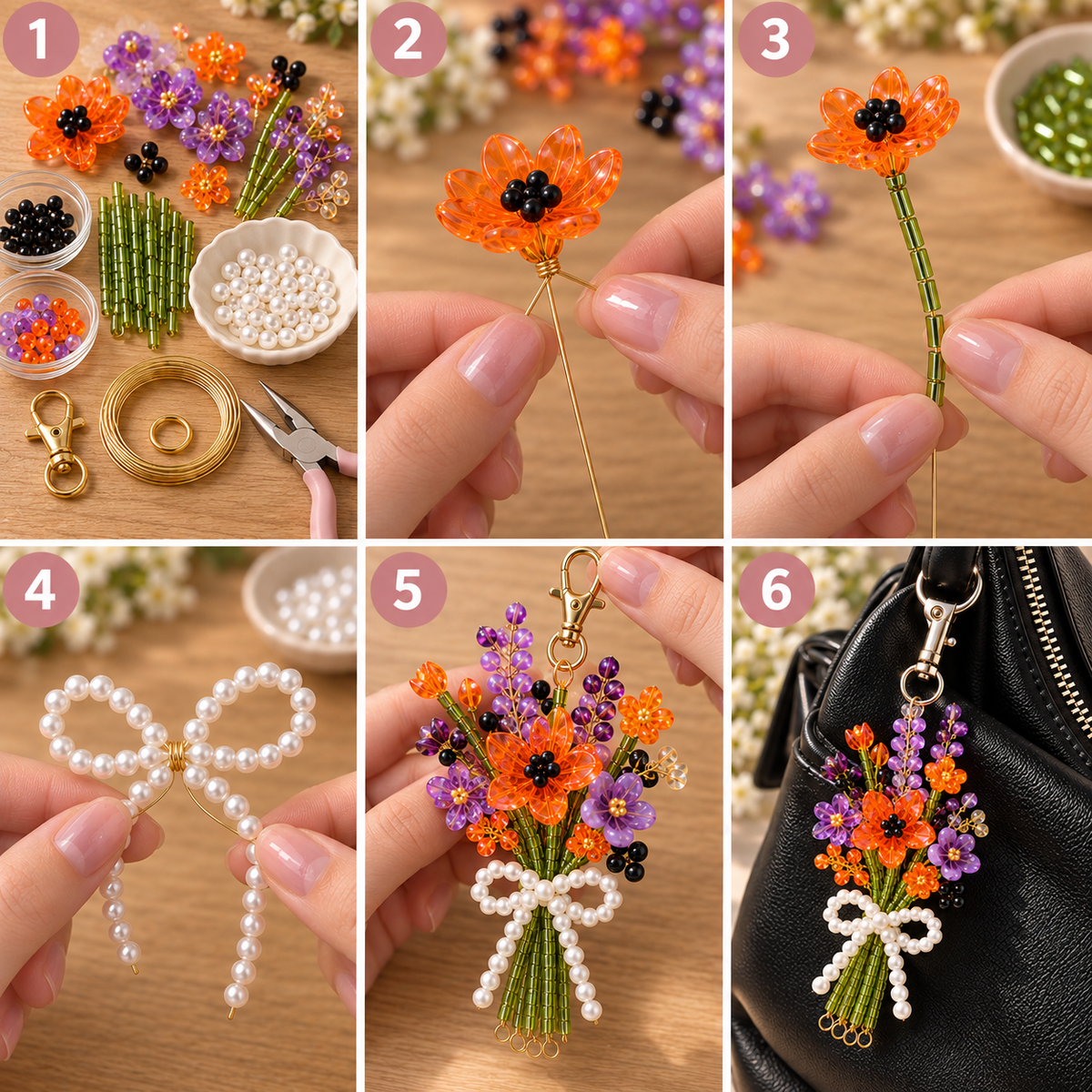 ⏳ Last Day 49% OFF –DIY Beaded Flower Bouquet Bag Charm Kit – Handmade Floral Keychain with Pearl Bow